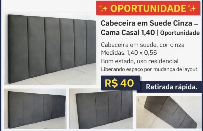 Cabeceira em Suede Cinza - Cama Casal 1,40 | Oportunidade