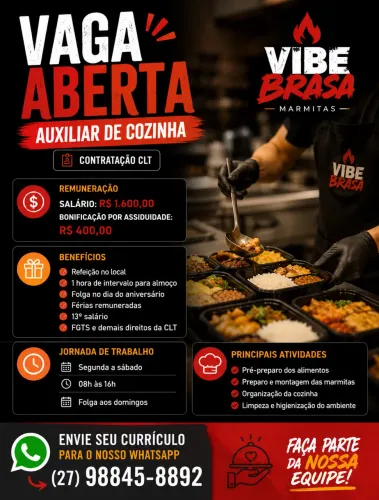 Auxíliar de cozinha | FOLGA AOS DOMINGOS | TURNO ATE AS 16h