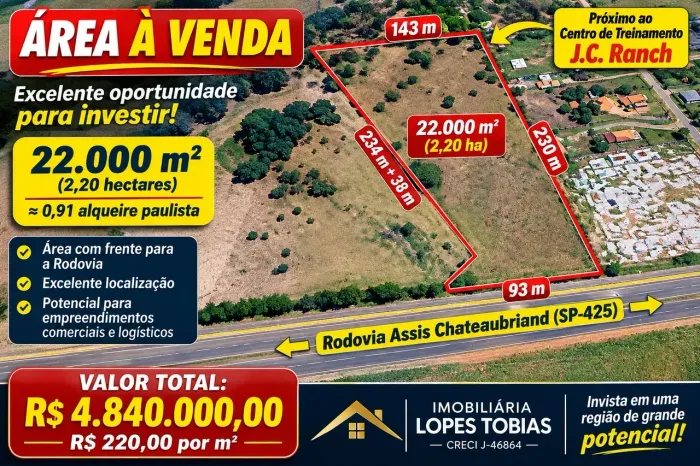 ÁREA À VENDA  FRENTE PARA A RODOVIA ASSIS CHATEAUBRIAND (SP-425)