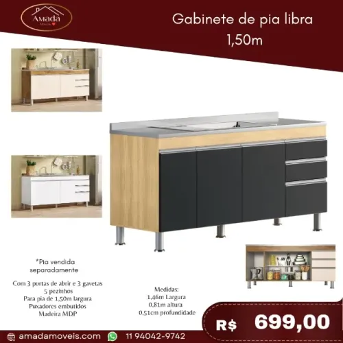 Gabinete de Pia Libra 1,50m, a pronta entrega