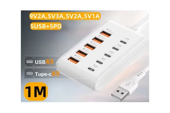 Carregador USB 10 Portas, 5 USB, 5 USB-C, Com Cabo De 1m