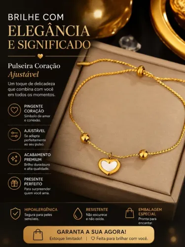 Pulseira Coração Banho Ouro Ajustável Hipoalergênica Feminina