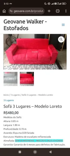 Sofá 3 Lugares - Modelo Loreto<br>R$480,00