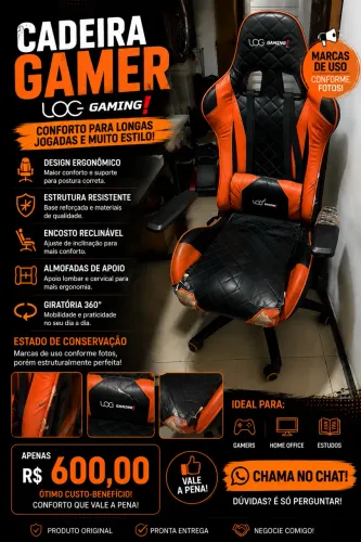 Cadeira Gamer LOG Gaming original, modelo preto e laranja.