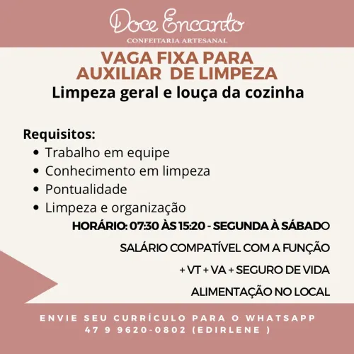 Vaga Feminina Limpeza Geral e Louça cozinha