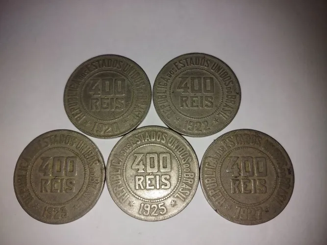 Lote 5 moedas 400 Reis (1920, 1922, 1923, 1925 e 1927)