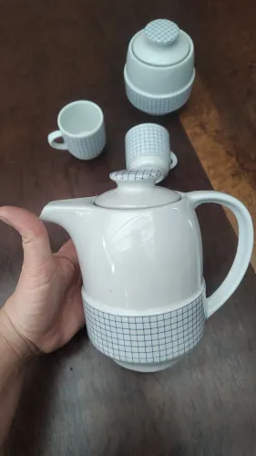 Conjunto De Café Vintage Porcelana Pozzani Anos 70 Xadrez Azul