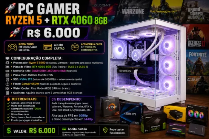 Computador Gamer Ryzen 5 5600 RTX 4060 8GB