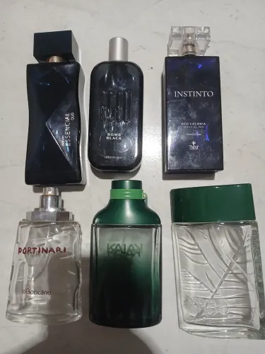 Frascos vazios de perfumes, Portinari, Egeo Bomb Black, Kaiak Aventura, Essencial Oud