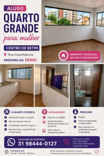 ALUGA-SE QUARTO GRANDE PARA MULHER - CENTRO DE BETIM