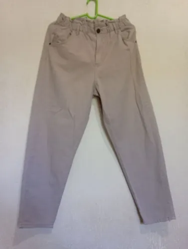 Calça sarja bege estilo mon com elástico na cintura
