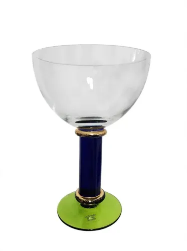 <br>Taça Vintage Anos 80 Soprada à Boca - Haste Azul Cobalto e Base Verde Limão - Memphis