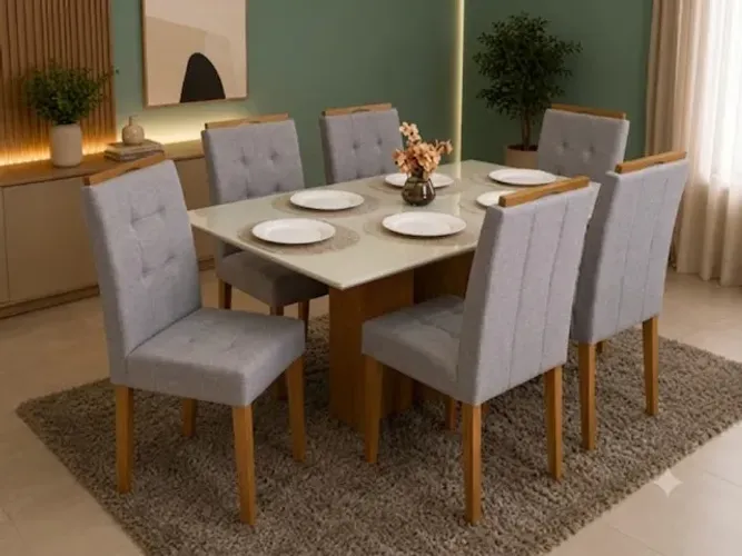 Mesa de Jantar Los Angeles 6 Cadeiras Linho Creme | Frete Grátis