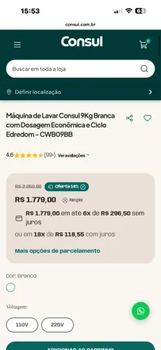 Máquina de lavar Cônsul 9kg - 10x sem juros no cartão 
