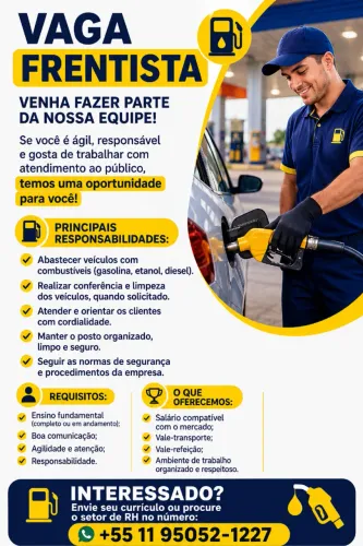 Vaga Frentista # horário: 14h às 22h