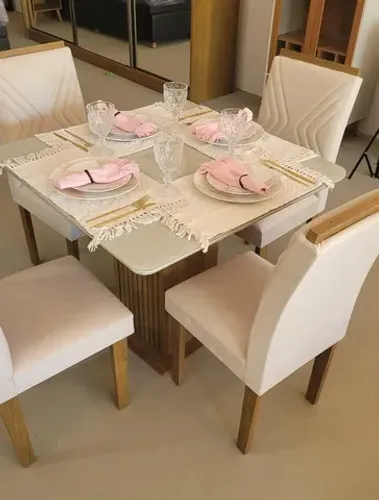 Mesa Sala de Jantar 4 cadeiras 90x90 Tampo Aredondado Laqueado - Promoção 