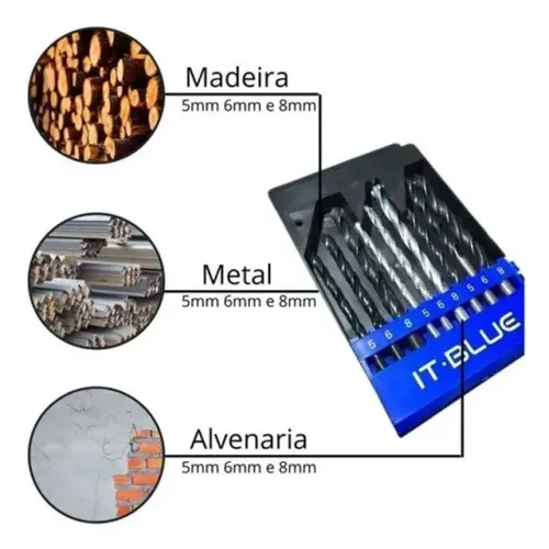 Kit Jogo Com 9 Brocas 5 6 E 8mm Para Aço Madeira E Paredes