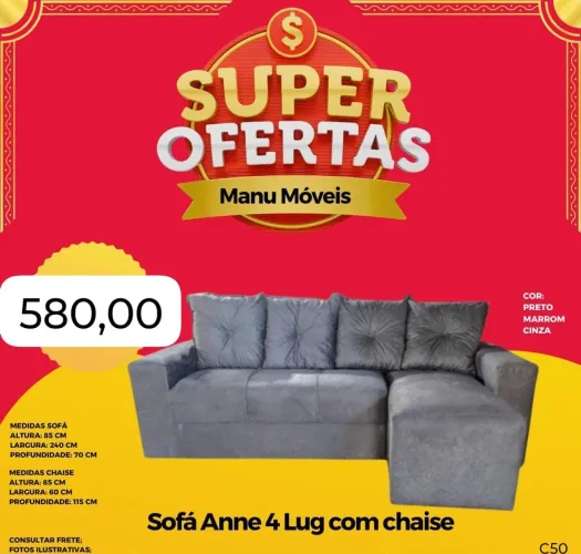 Sofá Anne 4 Lug com chaise - Super Oferta! 3 cores disponíveis 