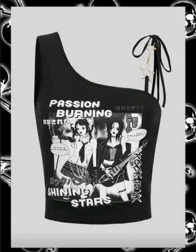 Cropped Shein Um Ombro Só Estampa Rock com Pingente Estrela