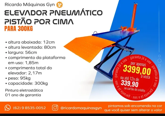 Elevador/Rampa Para Moto Pneumática Pistão por Cima p/300KG 01 ano Garantia 
