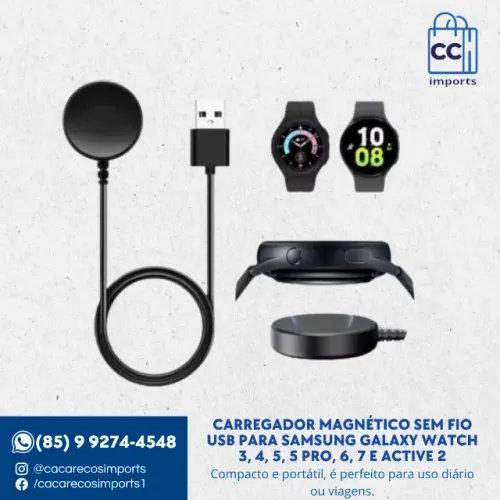 Carregador Magnético Sem Fio USB para Samsung Galaxy Watch 3, 4, 5, 5 Pro, 6, 7 e Active 2