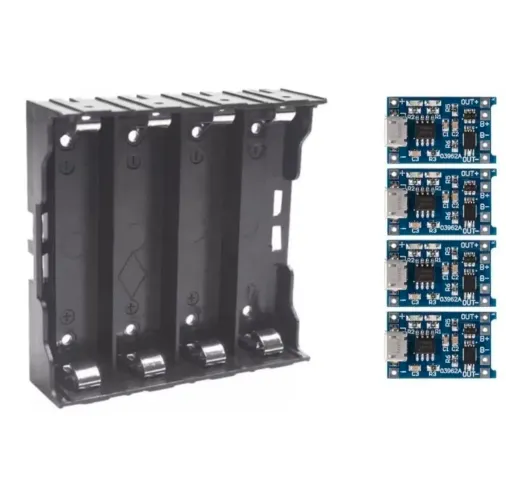 kit suporte 18650 para 4 células e 4 unidades tp4056 USB C