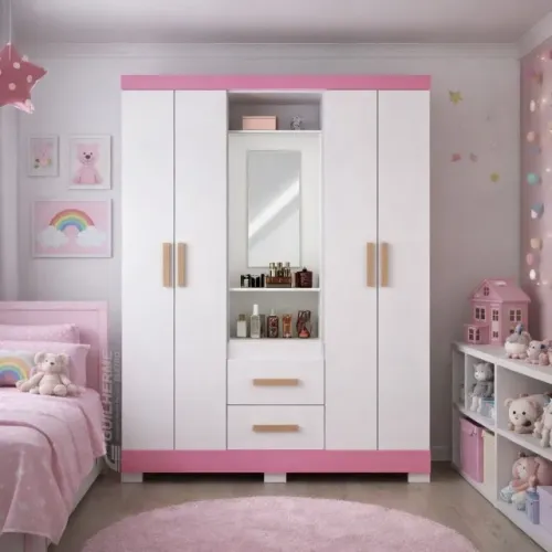 Guarda Roupa Roupeiro Capelinha Com Espelho Quarto 4 Portas 2 Gavetas Branco Brilho