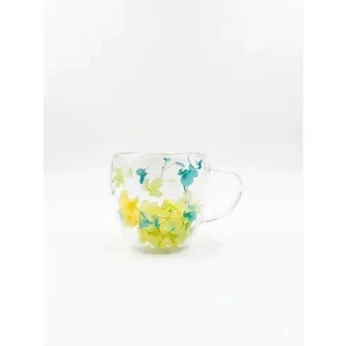 Xícara De Vidro Parede Dupla Com Flores Artificiais - 150 Ml