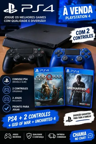 Ps4 com 2 controles jogos mídia física god of war e Uncharted 4
