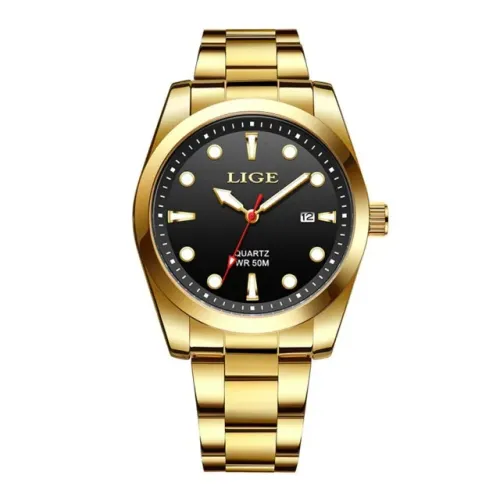 Relógio LIGE Movimento Quartzo Masculino Social Dourado Pulseira Caixa Aço LG89127 (Origin