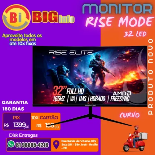 Monitor Gamer Curvo Rise Mode Elite 32", FHD, 165Hz, VA, FreeSync, HDR 400, DisplayPort 