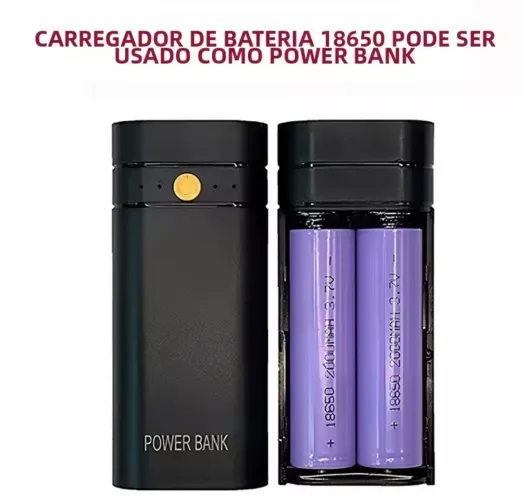 Carregador de bateria 18650 com função de Power Bank