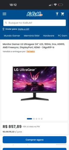 Monitor Gamer LG Ultragear 24 LED, 180Hz, 1ms, HDR10, AMD Freesync, DisplayPort, HDMI