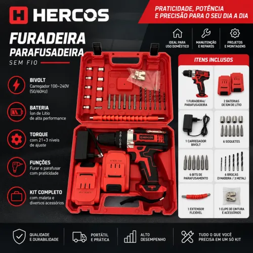 Parafusadeira e Furadeira Hercos | 2 Baterias + Maleta de Acessórios Completa