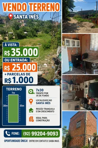 Vendo terreno no Santa ines 35 mil a vista ou aceito 25 mil de entrada mede 7x30 e 35 fund