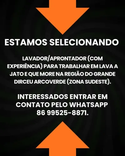 Temos vagas para lavador (profissional) de veículos e que more no Dirceu (zona sudeste).