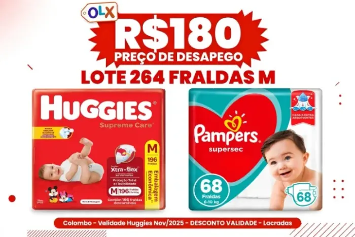 Lote 264 Fraldas M R$180 DESAPEGO - Huggies 196 validade Nov/25 + Pampers 68 lacradas