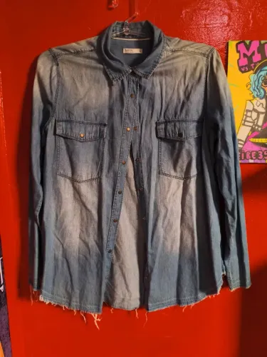Camisa Jeans Blue Steel Manga Longa Barra Desfiada Tam G