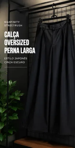 Calça Masculina Manfinity Streetrush Oversized Perna Larga Estilo Japonês Cinza Escuro