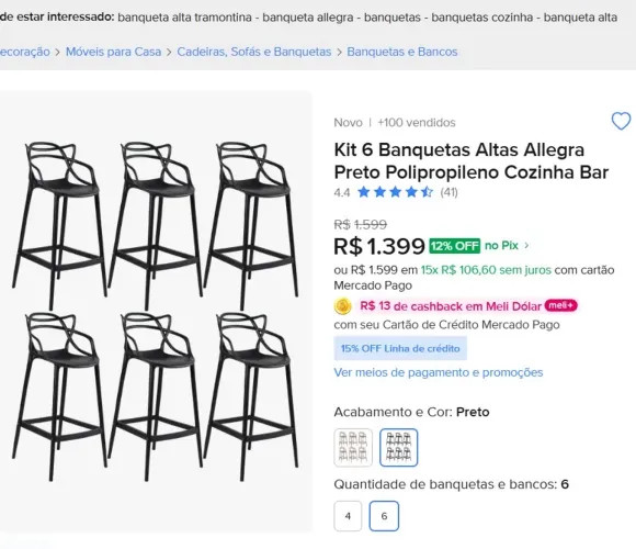 Kit 6 Banquetas Altas Allegra Preto Polipropileno Cozinha Bar