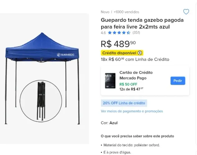 Tendão gazebo 2x2 completo base e lona