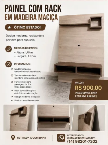 Painel com Rack em Madeira Maciça - 1,75m