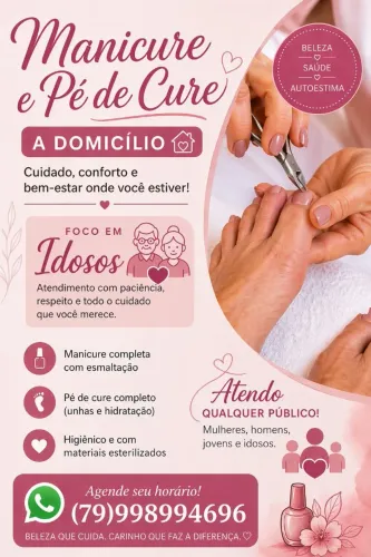 Manicure e pedicure a domicílio. R$ 50,00+ deslocamento