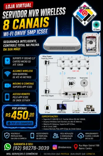 Servidor NVR Wireless 8 Canais - Para Câmeras IP Wi-Fi Onvif 5MP | Suporte ICSee