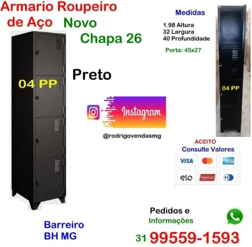 Armário Roupeiro de Aço 04 Portas preto comercio Empresa Vestiário Industria Escola cas