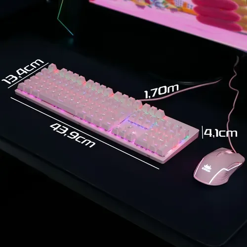 Kit Teclado Mecânico E Mouse Gamer Com Fio Led Rgb Pc Usb Rosa