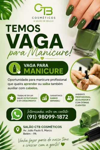 Contratamos manicure que seja auxiliar de cabeleireiro ou queria aprender 
