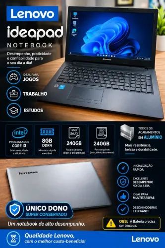 Notebook Lenovo IdeaPad Core i3, 8GB RAM, 2 SSDs de 240GB - R$ 1.250<br><br>