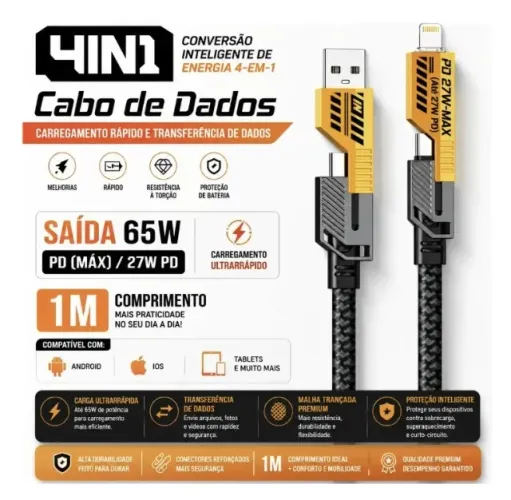 Cabo Carregador Turbo 4 Em 1 Peining Pei-j80 - 65w Tipo C / IPhone e USB / Tipo C