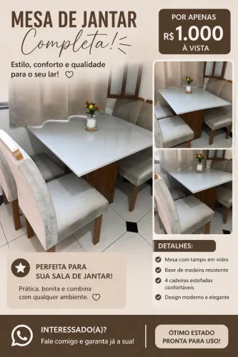 Mesa de jantar 4 cadeiras e tampo de vidro